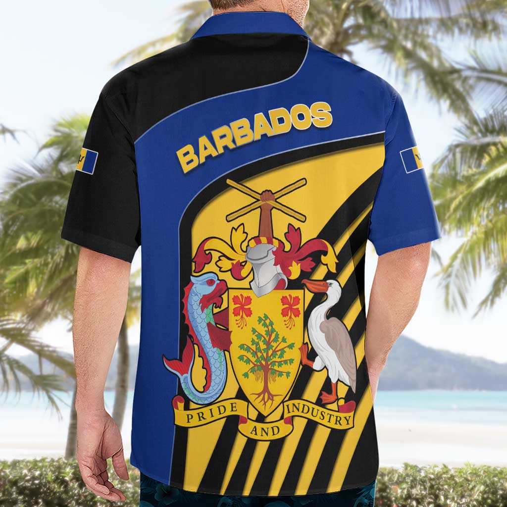 Barbados Flag and Coat of Arms Hawaiian Shirt Blue Yellow Black Design with National Symbols - Wonder Print Shop