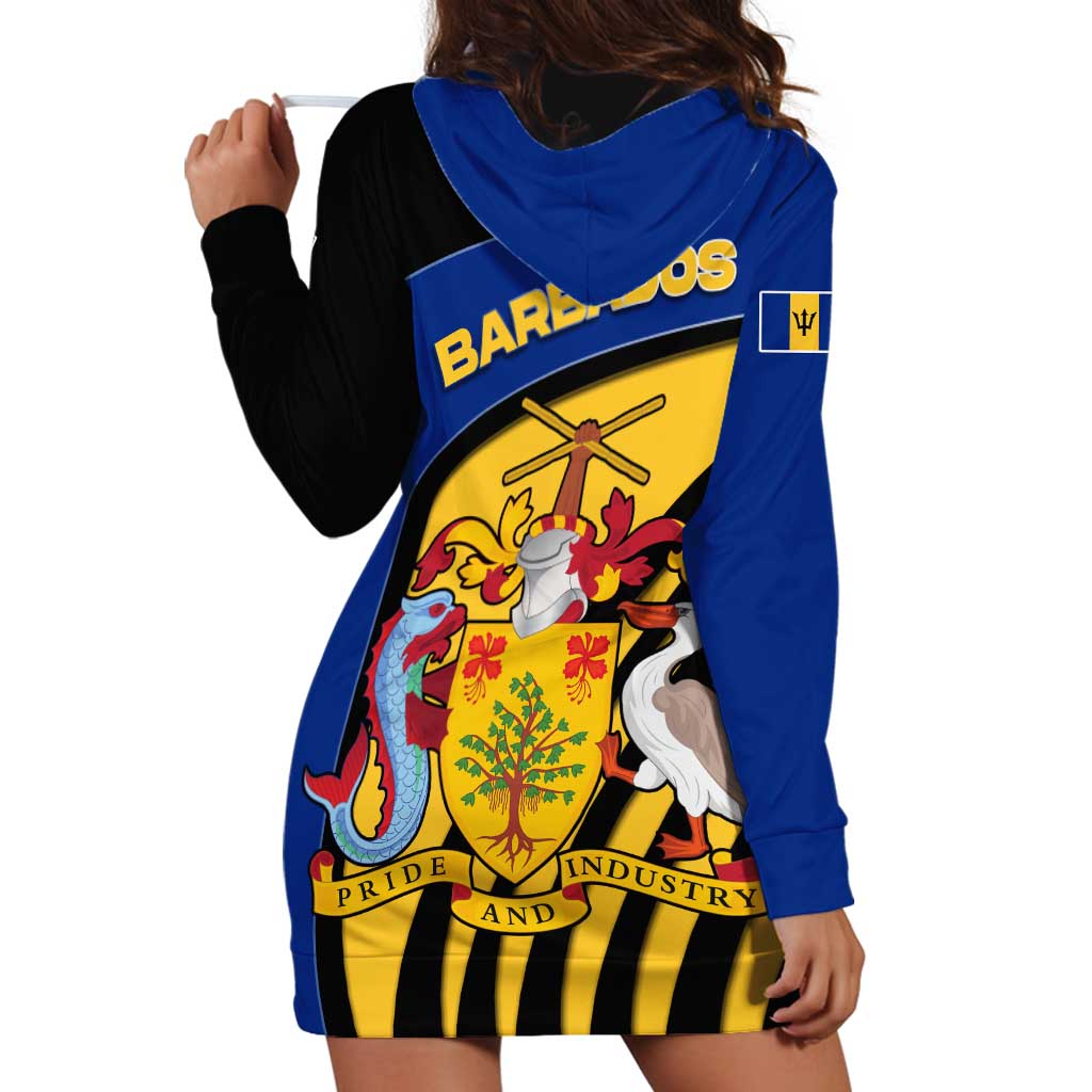 Barbados Flag and Coat of Arms Hoodie Dress Blue Yellow Black Design with National Symbols - Wonder Print Shop