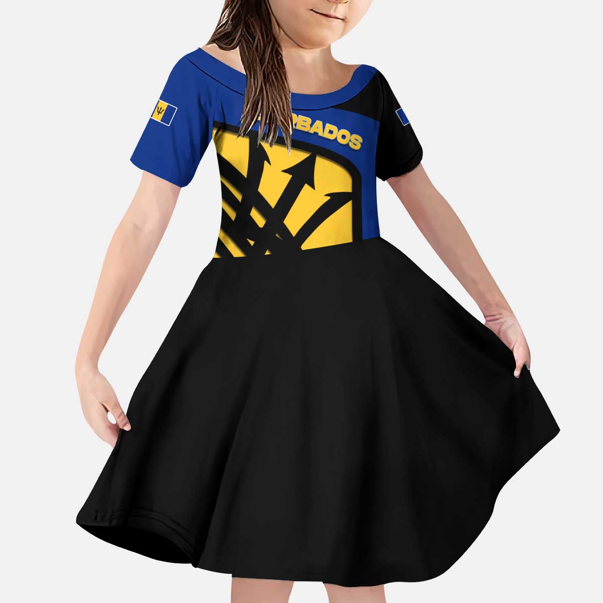 Barbados Flag and Coat of Arms Kid Short Sleeve Dress Blue Yellow Black Design with National Symbols - Wonder Print Shop