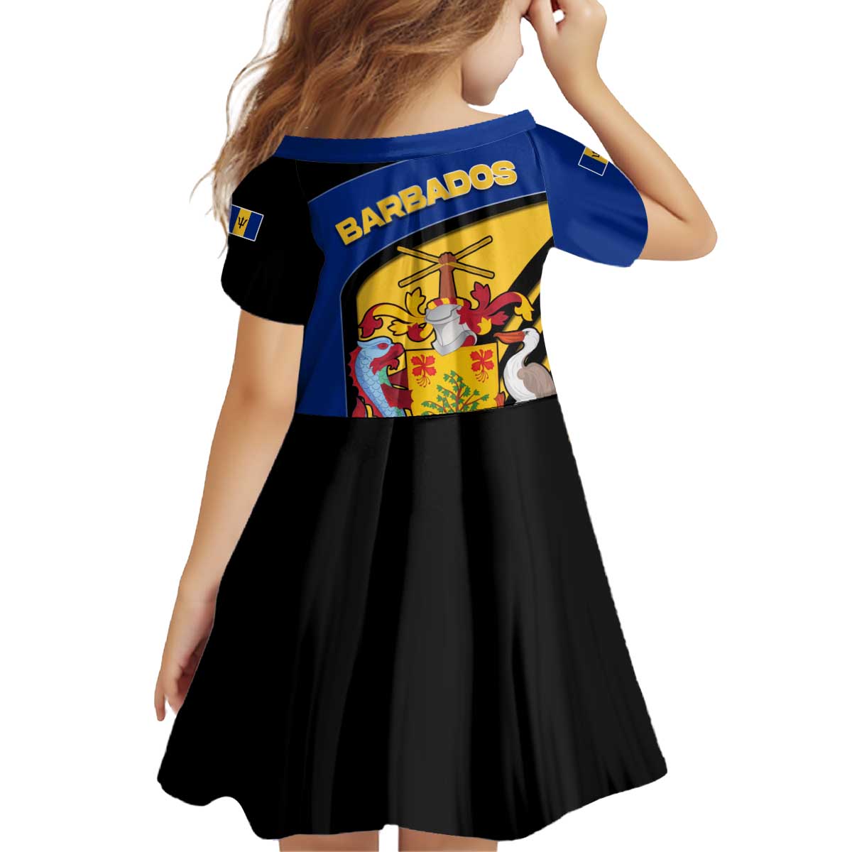Barbados Flag and Coat of Arms Kid Short Sleeve Dress Blue Yellow Black Design with National Symbols - Wonder Print Shop