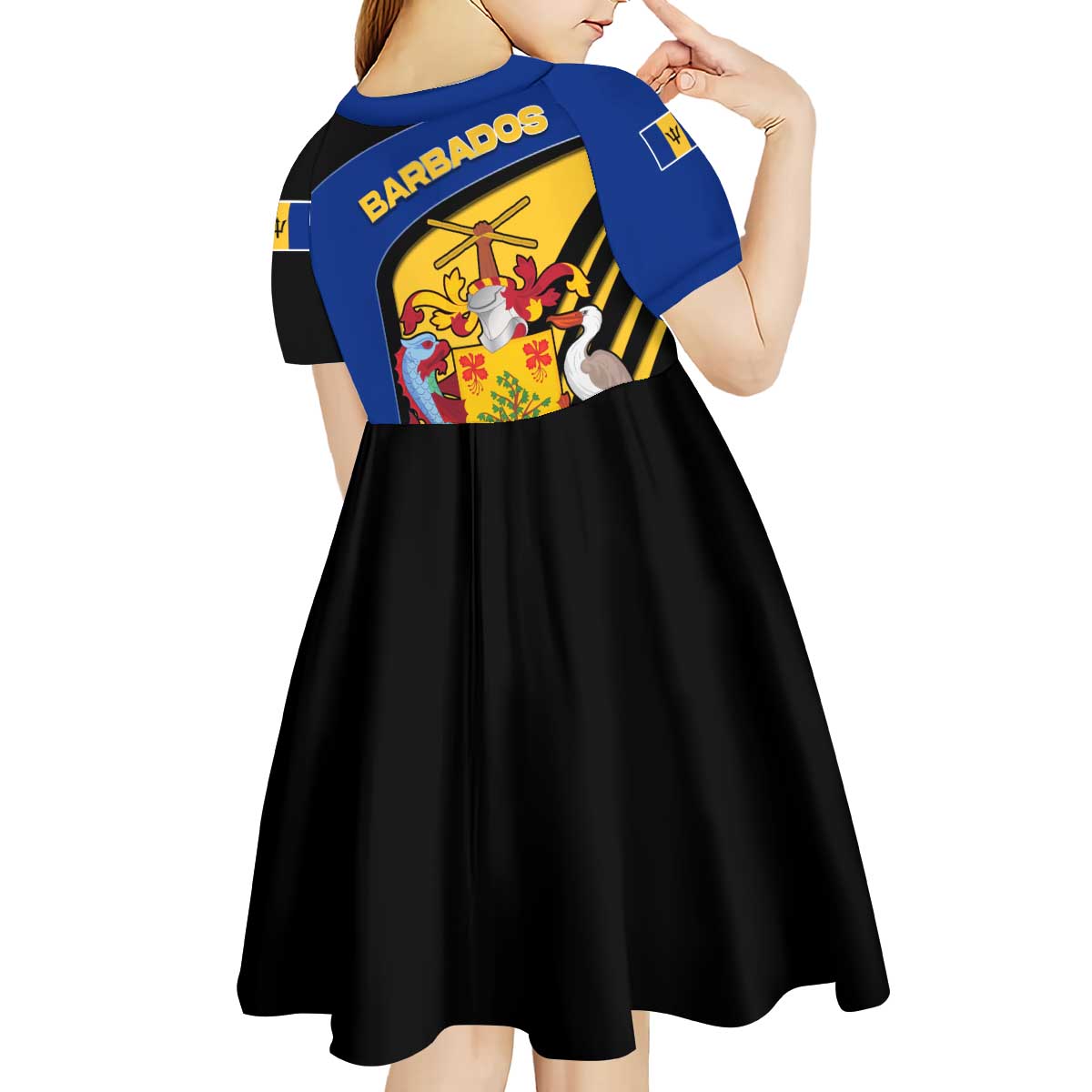 Barbados Flag and Coat of Arms Kid Short Sleeve Dress Blue Yellow Black Design with National Symbols - Wonder Print Shop