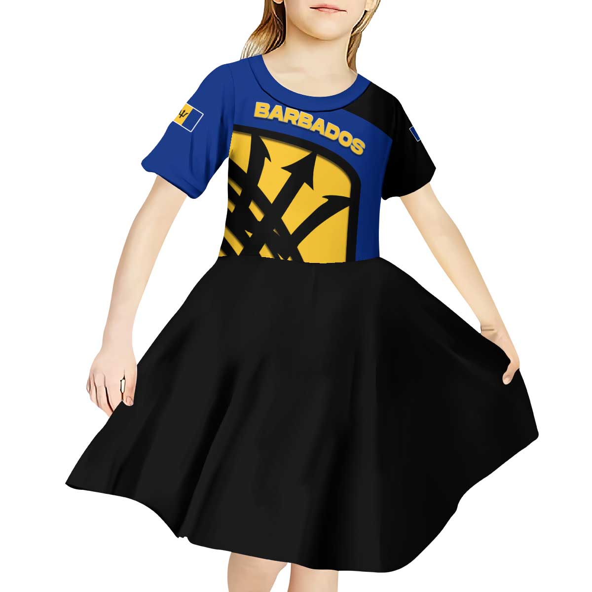 Barbados Flag and Coat of Arms Kid Short Sleeve Dress Blue Yellow Black Design with National Symbols - Wonder Print Shop