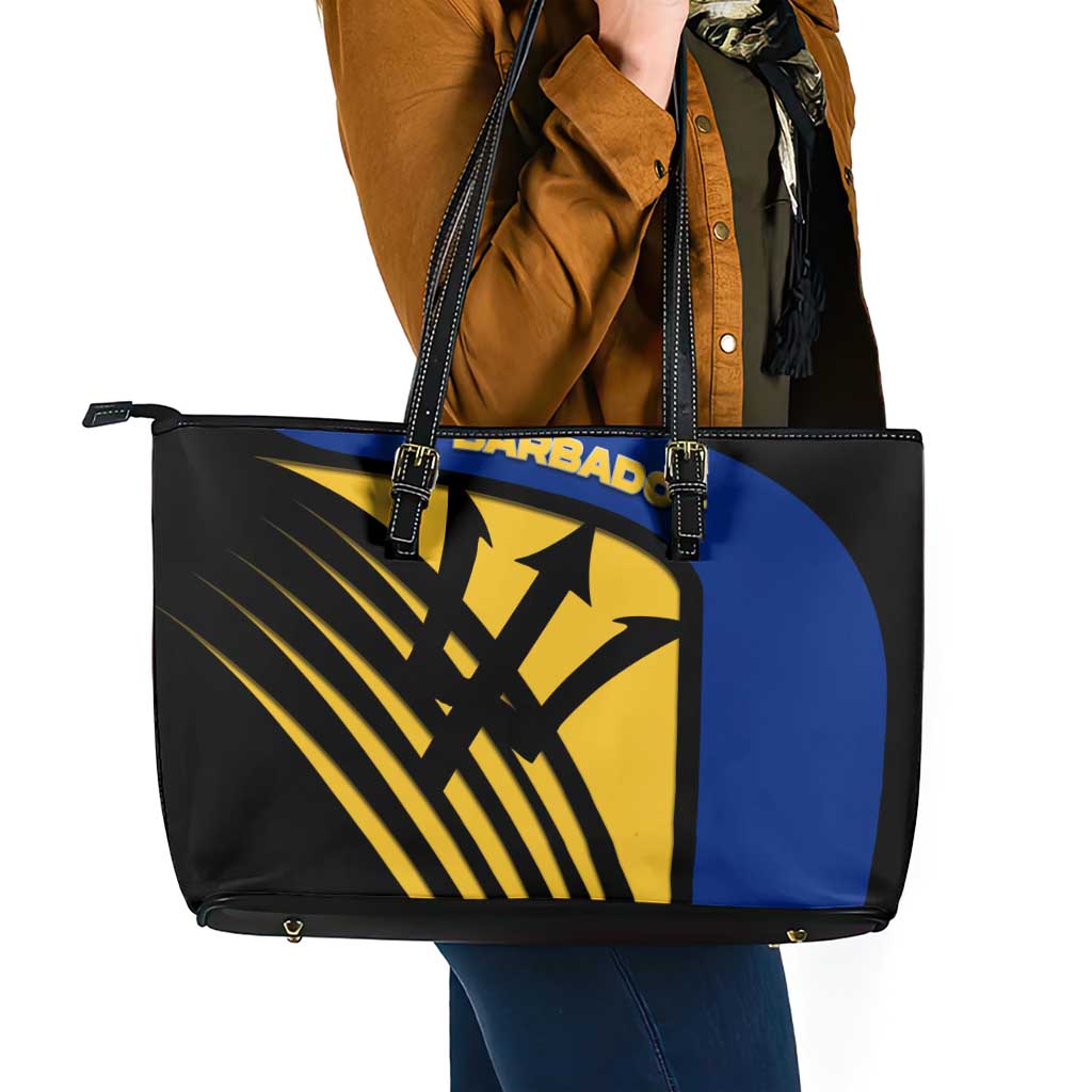 Barbados Flag and Coat of Arms Leather Tote Bag Blue Yellow Black Design with National Symbols - Wonder Print Shop