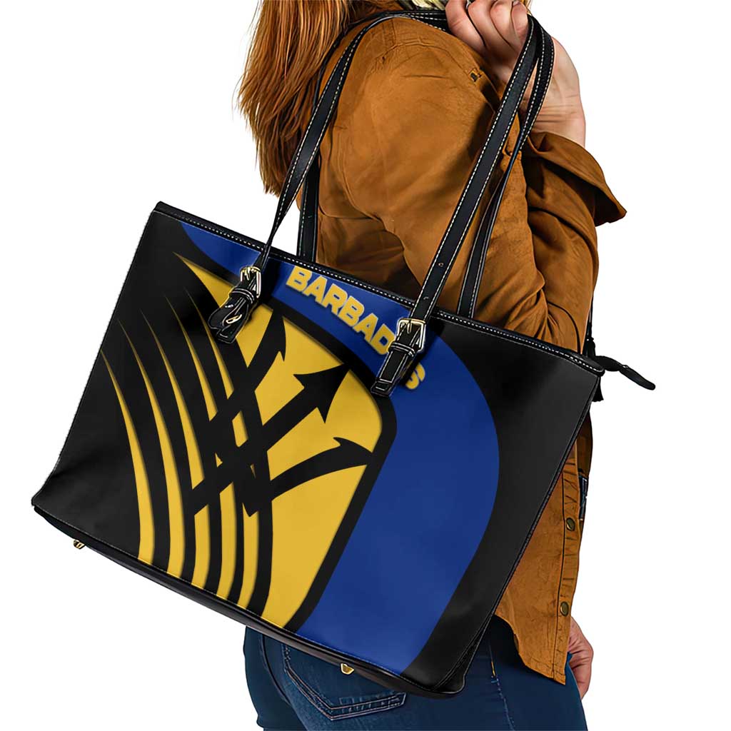 Barbados Flag and Coat of Arms Leather Tote Bag Blue Yellow Black Design with National Symbols - Wonder Print Shop
