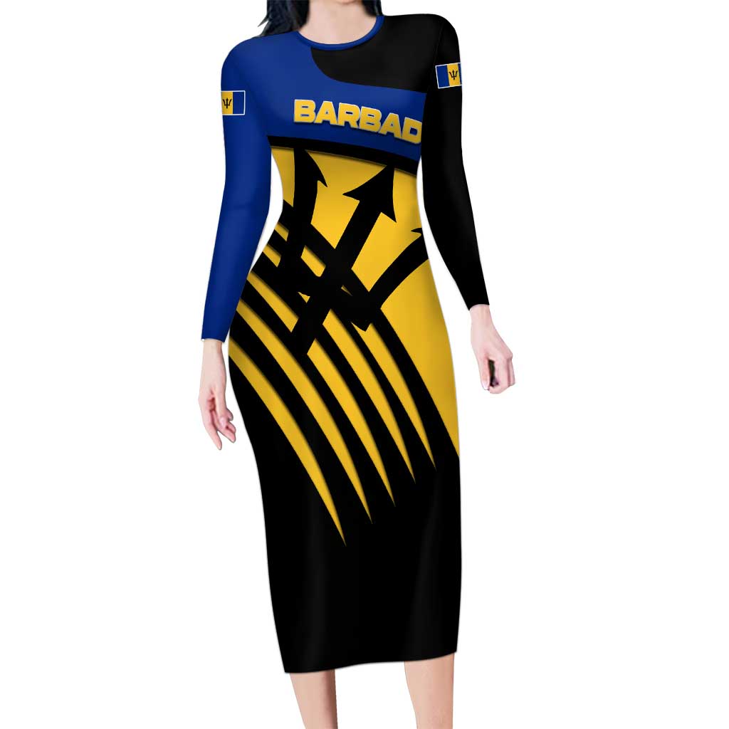 Barbados Flag and Coat of Arms Long Sleeve Bodycon Dress Blue Yellow Black Design with National Symbols - Wonder Print Shop