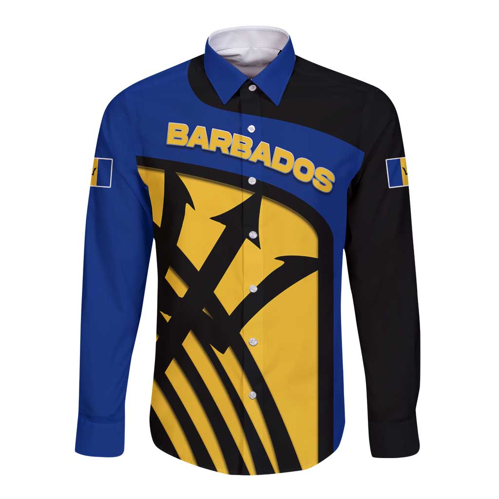 Barbados Flag and Coat of Arms Long Sleeve Button Shirt Blue Yellow Black Design with National Symbols - Wonder Print Shop