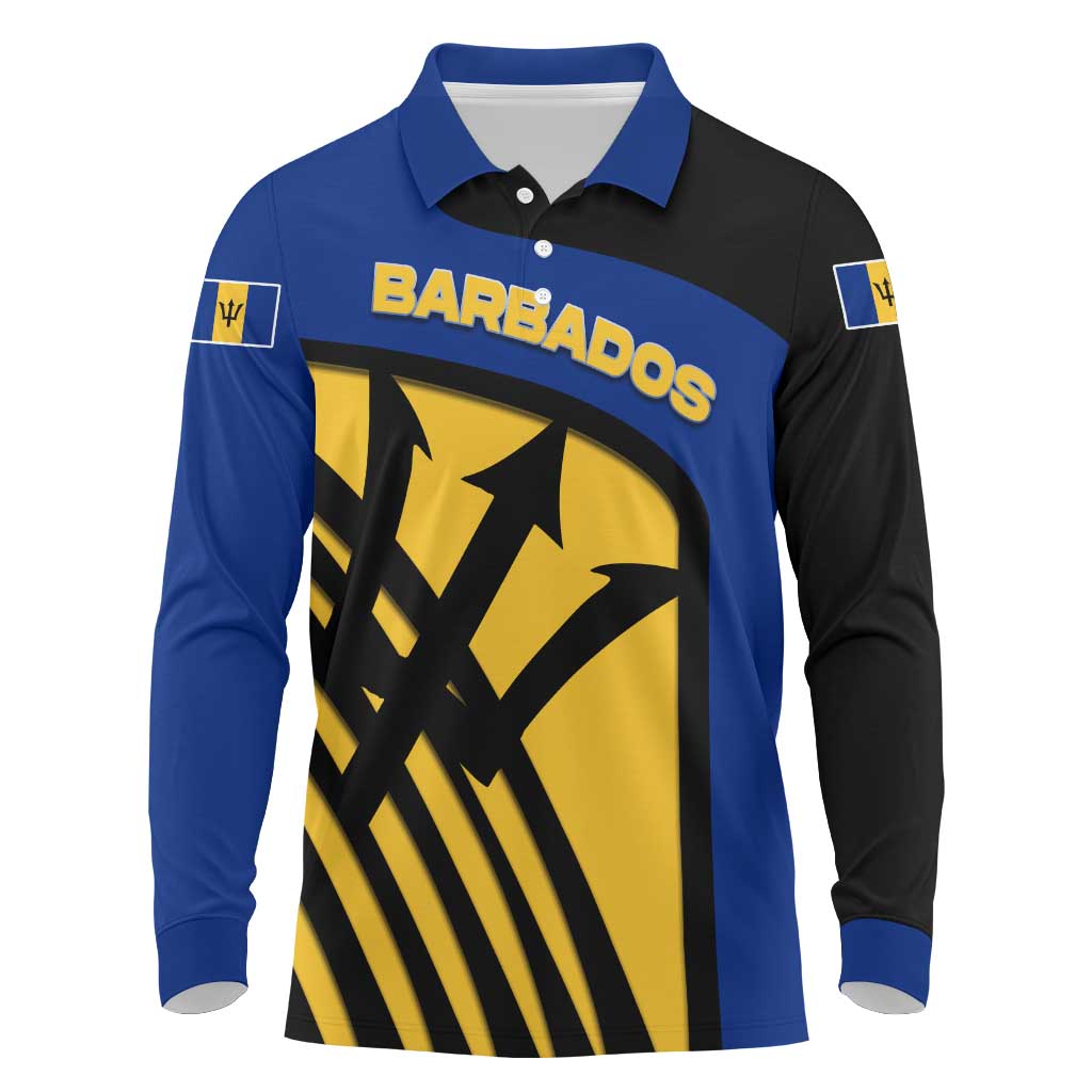 Barbados Flag and Coat of Arms Long Sleeve Polo Shirt Blue Yellow Black Design with National Symbols - Wonder Print Shop
