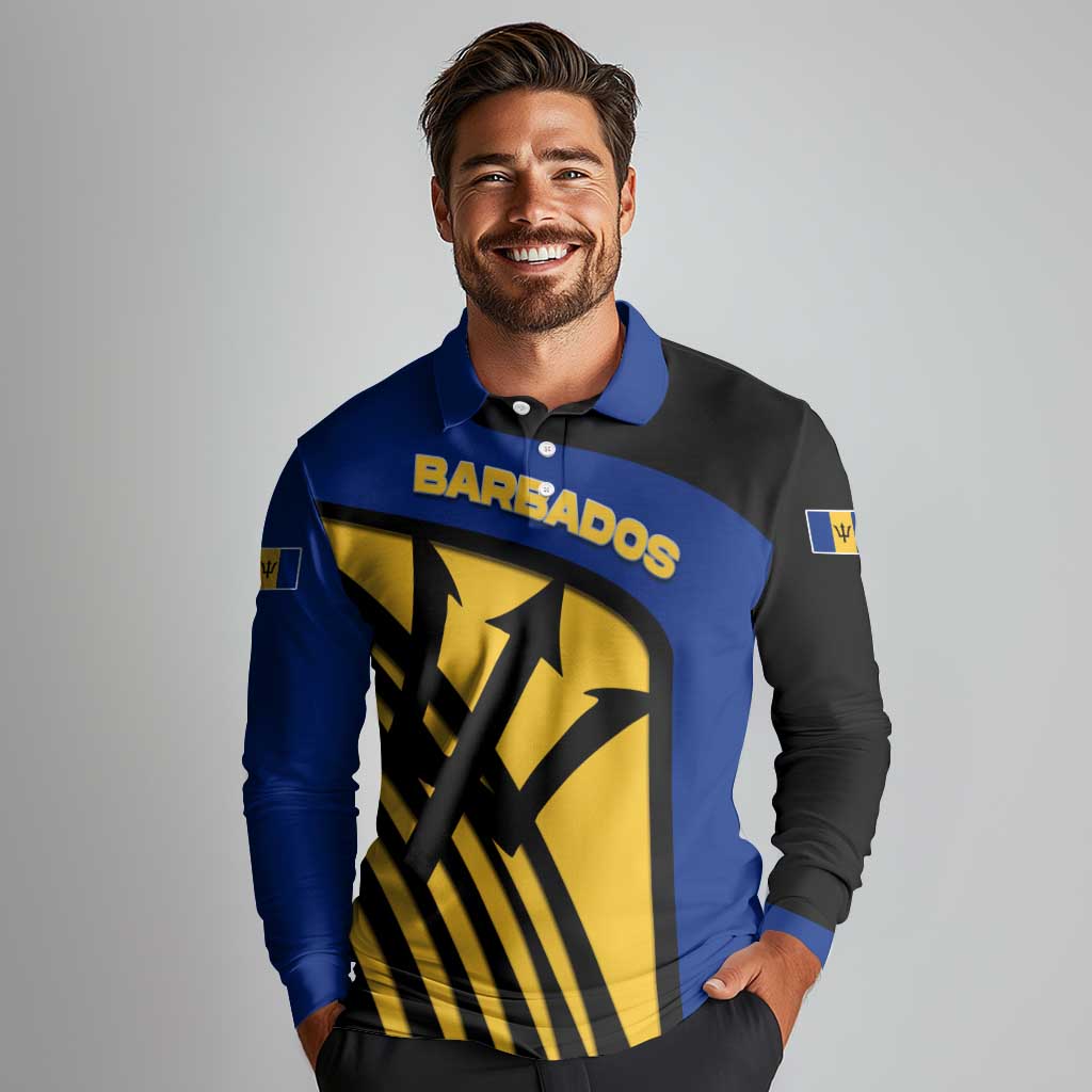 Barbados Flag and Coat of Arms Long Sleeve Polo Shirt Blue Yellow Black Design with National Symbols - Wonder Print Shop