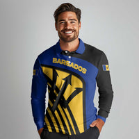 Barbados Flag and Coat of Arms Long Sleeve Polo Shirt Blue Yellow Black Design with National Symbols - Wonder Print Shop