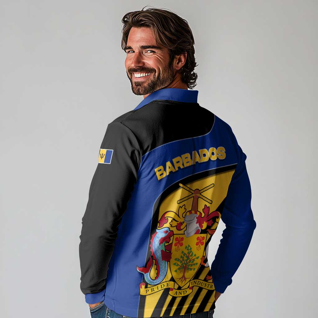 Barbados Flag and Coat of Arms Long Sleeve Polo Shirt Blue Yellow Black Design with National Symbols - Wonder Print Shop