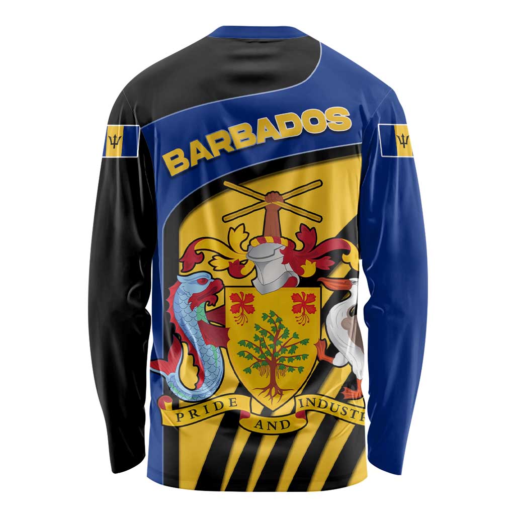 Barbados Flag and Coat of Arms Long Sleeve Shirt Blue Yellow Black Design with National Symbols - Wonder Print Shop