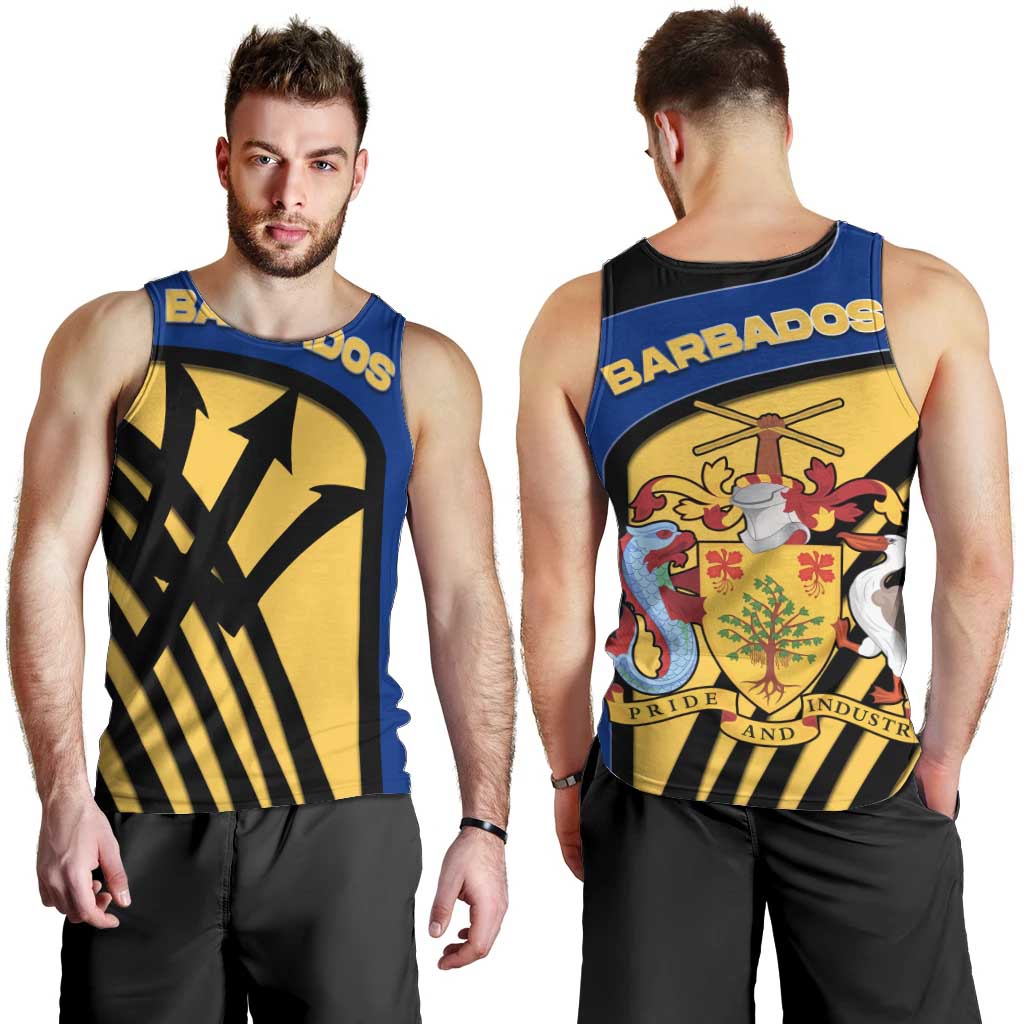 Barbados Flag and Coat of Arms Men Tank Top Blue Yellow Black Design with National Symbols - Wonder Print Shop