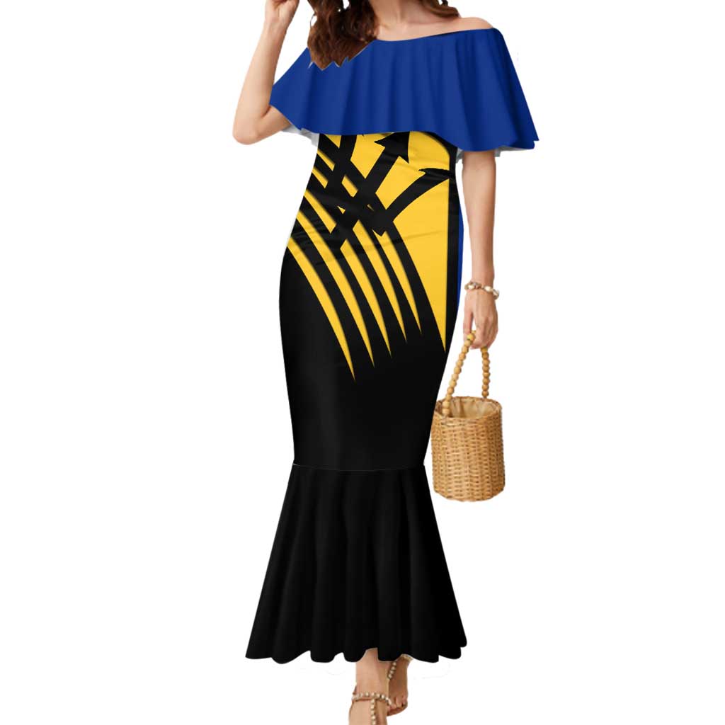 Barbados Flag and Coat of Arms Mermaid Dress Blue Yellow Black Design with National Symbols - Wonder Print Shop