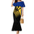 Barbados Flag and Coat of Arms Mermaid Dress Blue Yellow Black Design with National Symbols - Wonder Print Shop