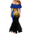 Barbados Flag and Coat of Arms Mermaid Dress Blue Yellow Black Design with National Symbols - Wonder Print Shop