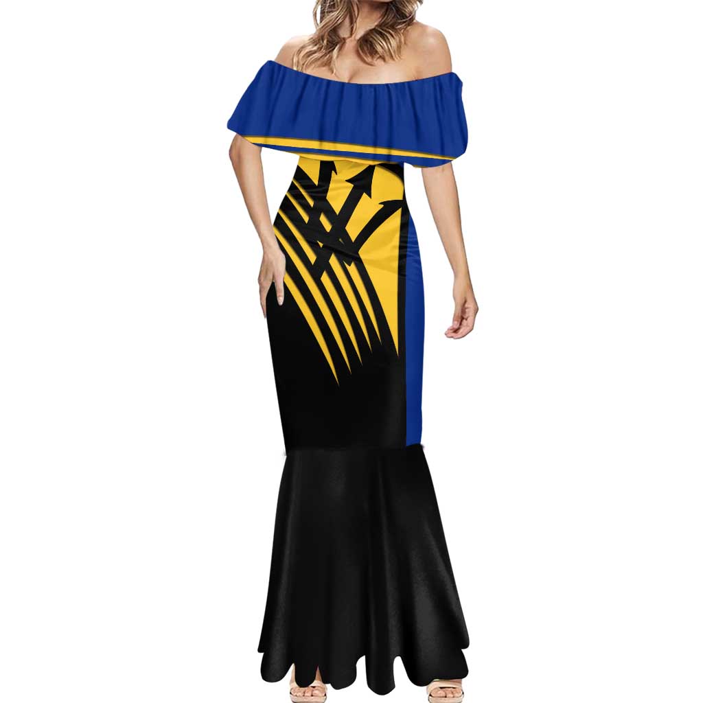 Barbados Flag and Coat of Arms Mermaid Dress Blue Yellow Black Design with National Symbols - Wonder Print Shop