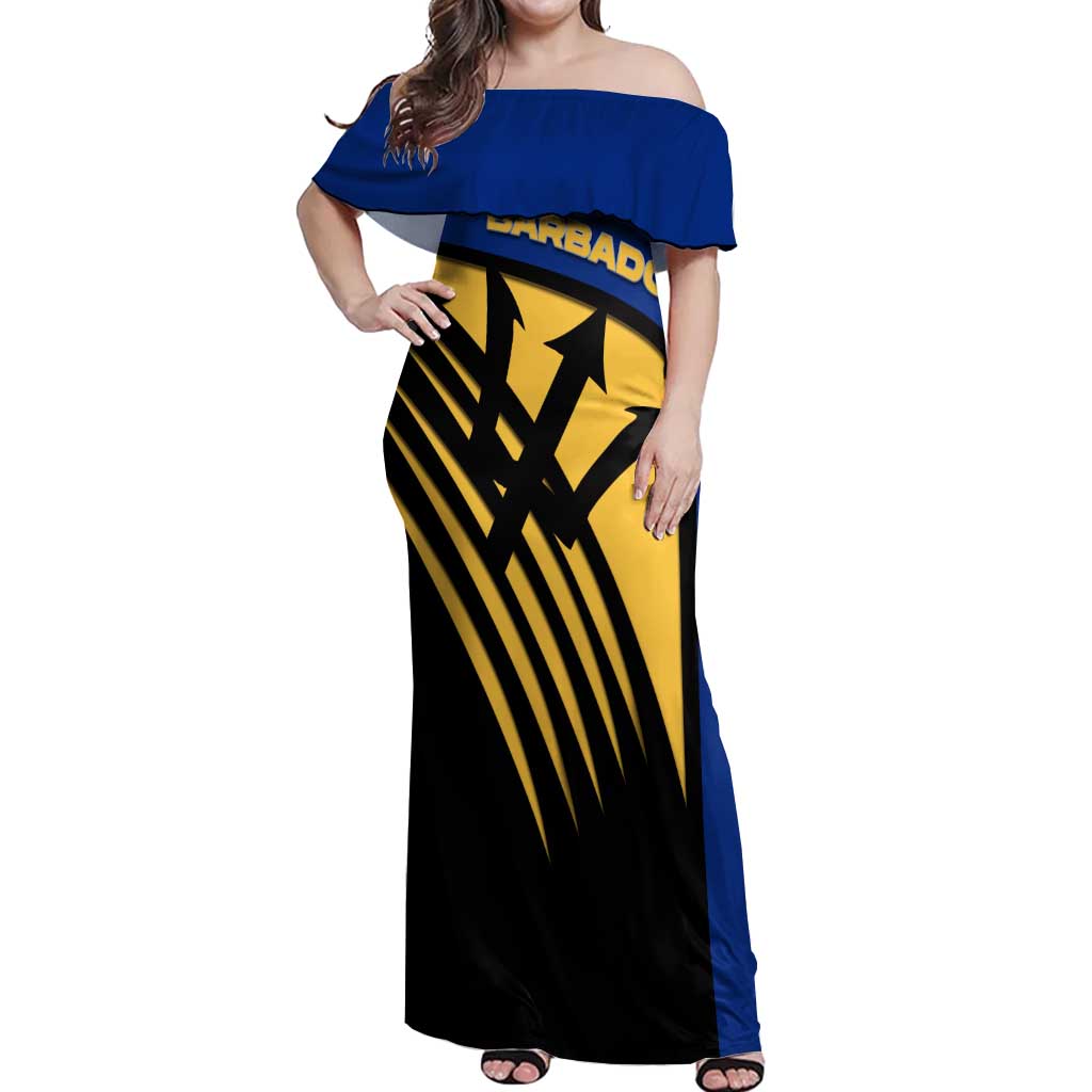 Barbados Flag and Coat of Arms Off Shoulder Maxi Dress Blue Yellow Black Design with National Symbols - Wonder Print Shop