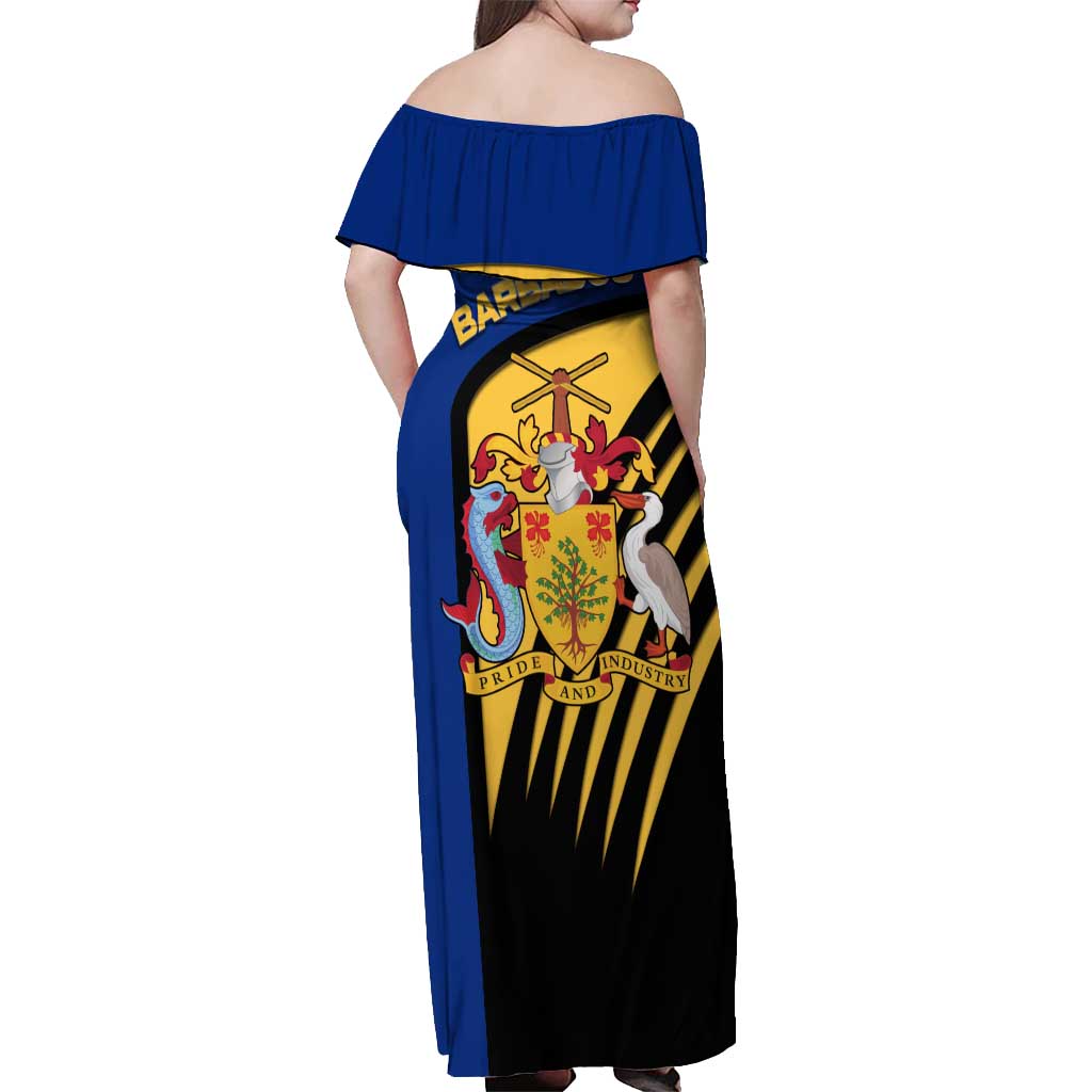 Barbados Flag and Coat of Arms Off Shoulder Maxi Dress Blue Yellow Black Design with National Symbols - Wonder Print Shop