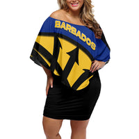 Barbados Flag and Coat of Arms Off Shoulder Short Dress Blue Yellow Black Design with National Symbols - Wonder Print Shop