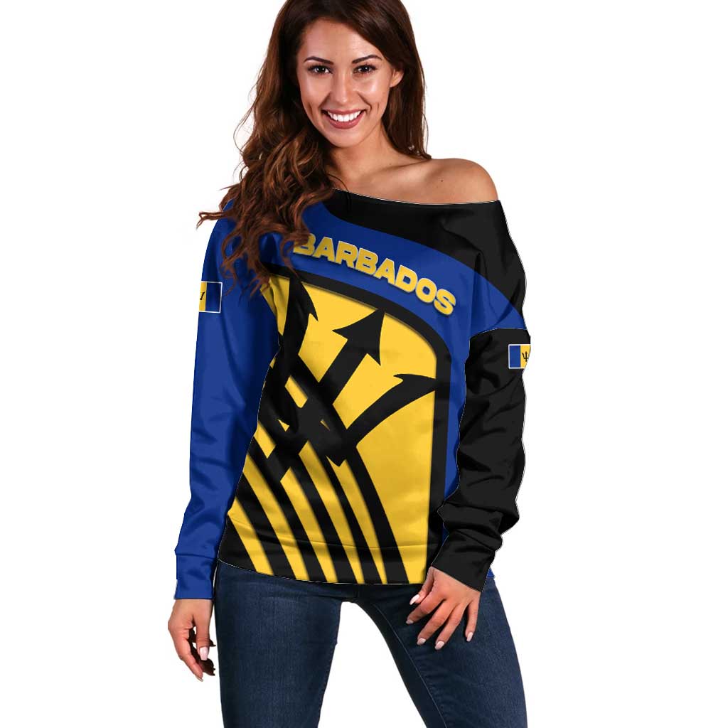 Barbados Flag and Coat of Arms Off Shoulder Sweater Blue Yellow Black Design with National Symbols - Wonder Print Shop