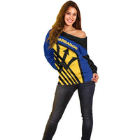 Barbados Flag and Coat of Arms Off Shoulder Sweater Blue Yellow Black Design with National Symbols - Wonder Print Shop