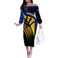 Barbados Flag and Coat of Arms Off The Shoulder Long Sleeve Dress Blue Yellow Black Design with National Symbols - Wonder Print Shop