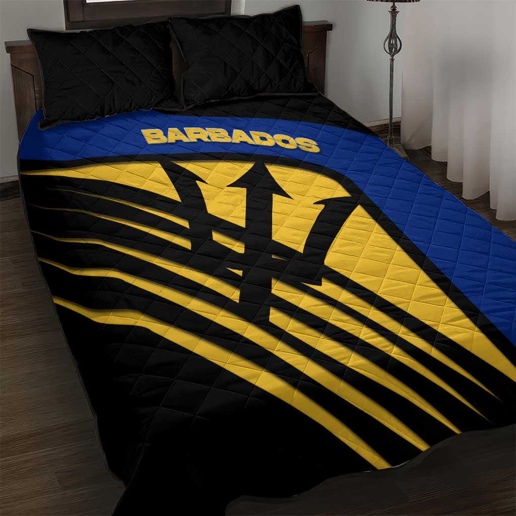 Barbados Flag and Coat of Arms Quilt Bed Set Blue Yellow Black Design with National Symbols - Wonder Print Shop