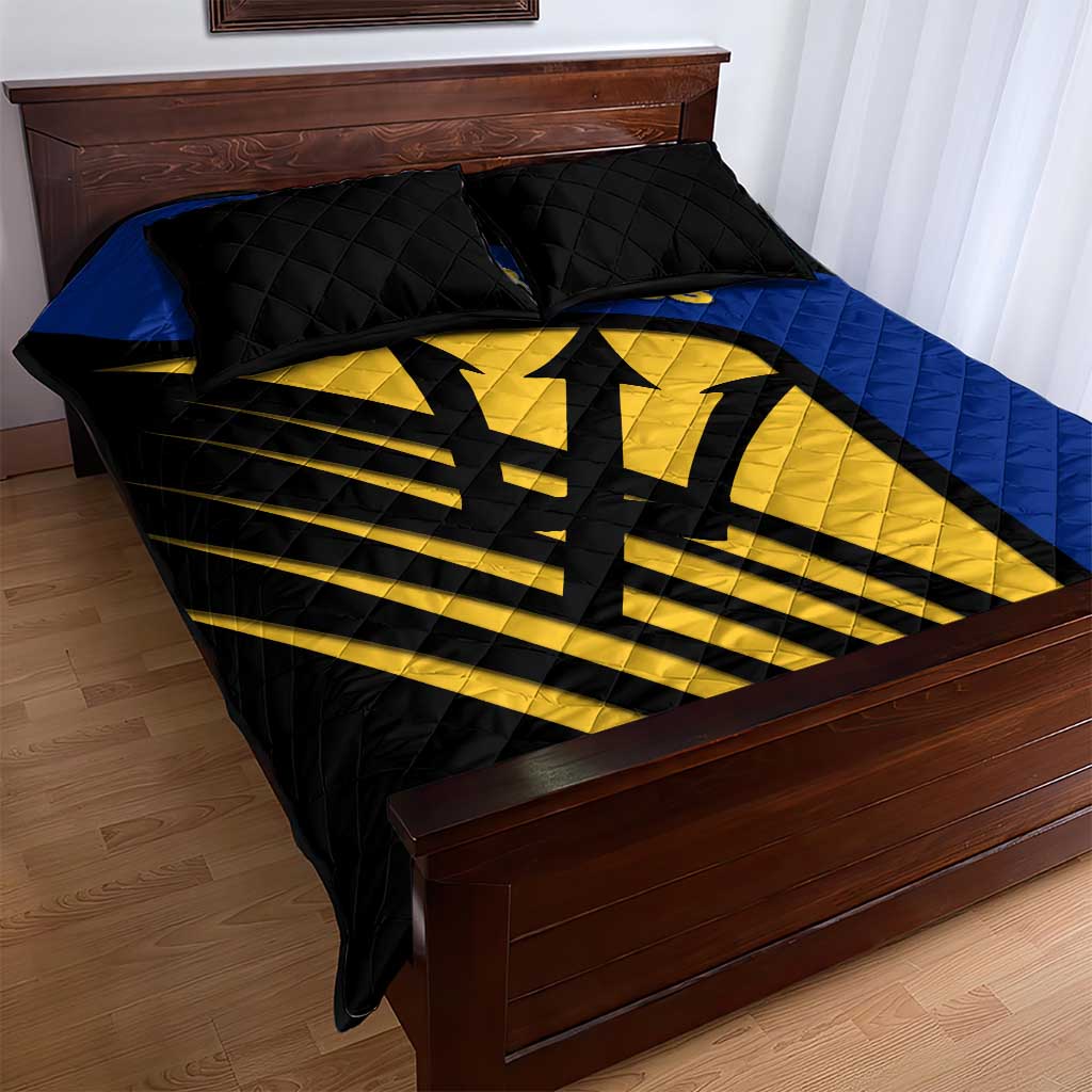 Barbados Flag and Coat of Arms Quilt Bed Set Blue Yellow Black Design with National Symbols - Wonder Print Shop