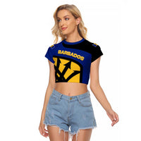 Barbados Flag and Coat of Arms Raglan Cropped T Shirt Blue Yellow Black Design with National Symbols - Wonder Print Shop