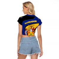 Barbados Flag and Coat of Arms Raglan Cropped T Shirt Blue Yellow Black Design with National Symbols - Wonder Print Shop