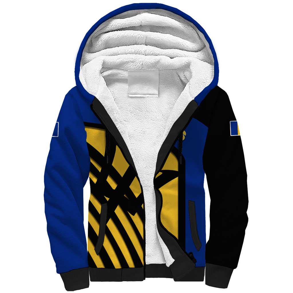 Barbados Flag and Coat of Arms Sherpa Hoodie Blue Yellow Black Design with National Symbols - Wonder Print Shop