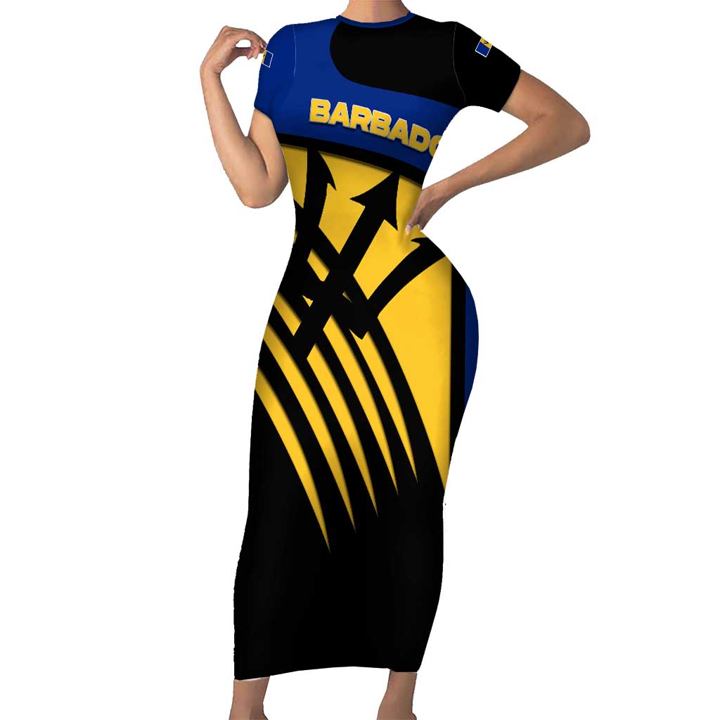 Barbados Flag and Coat of Arms Short Sleeve Bodycon Dress Blue Yellow Black Design with National Symbols - Wonder Print Shop