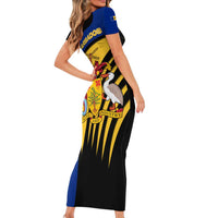Barbados Flag and Coat of Arms Short Sleeve Bodycon Dress Blue Yellow Black Design with National Symbols - Wonder Print Shop