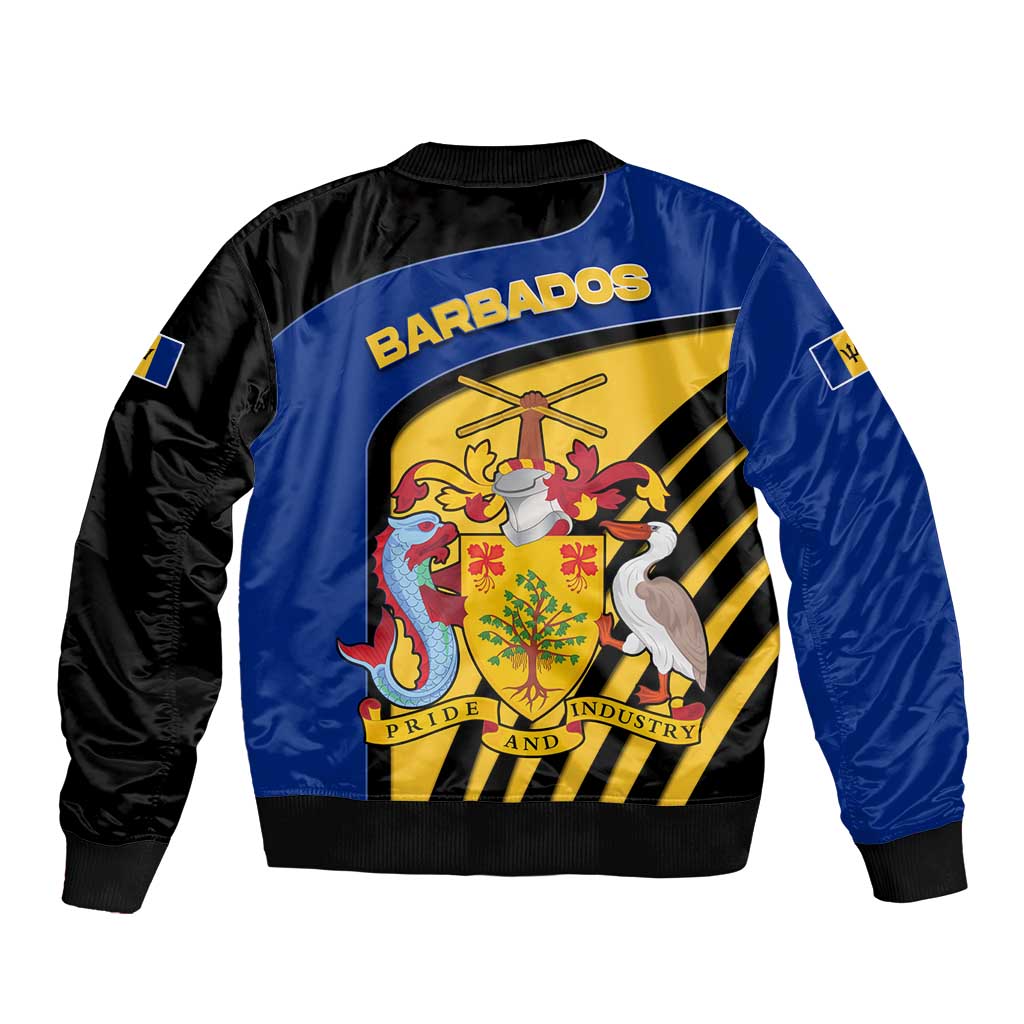Barbados Flag and Coat of Arms Sleeve Zip Bomber Jacket Blue Yellow Black Design with National Symbols - Wonder Print Shop