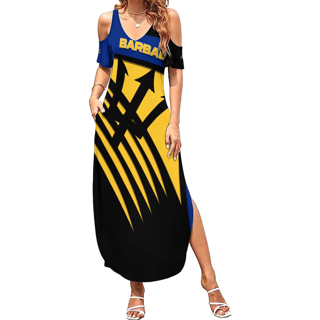 Barbados Flag and Coat of Arms Summer Maxi Dress Blue Yellow Black Design with National Symbols - Wonder Print Shop