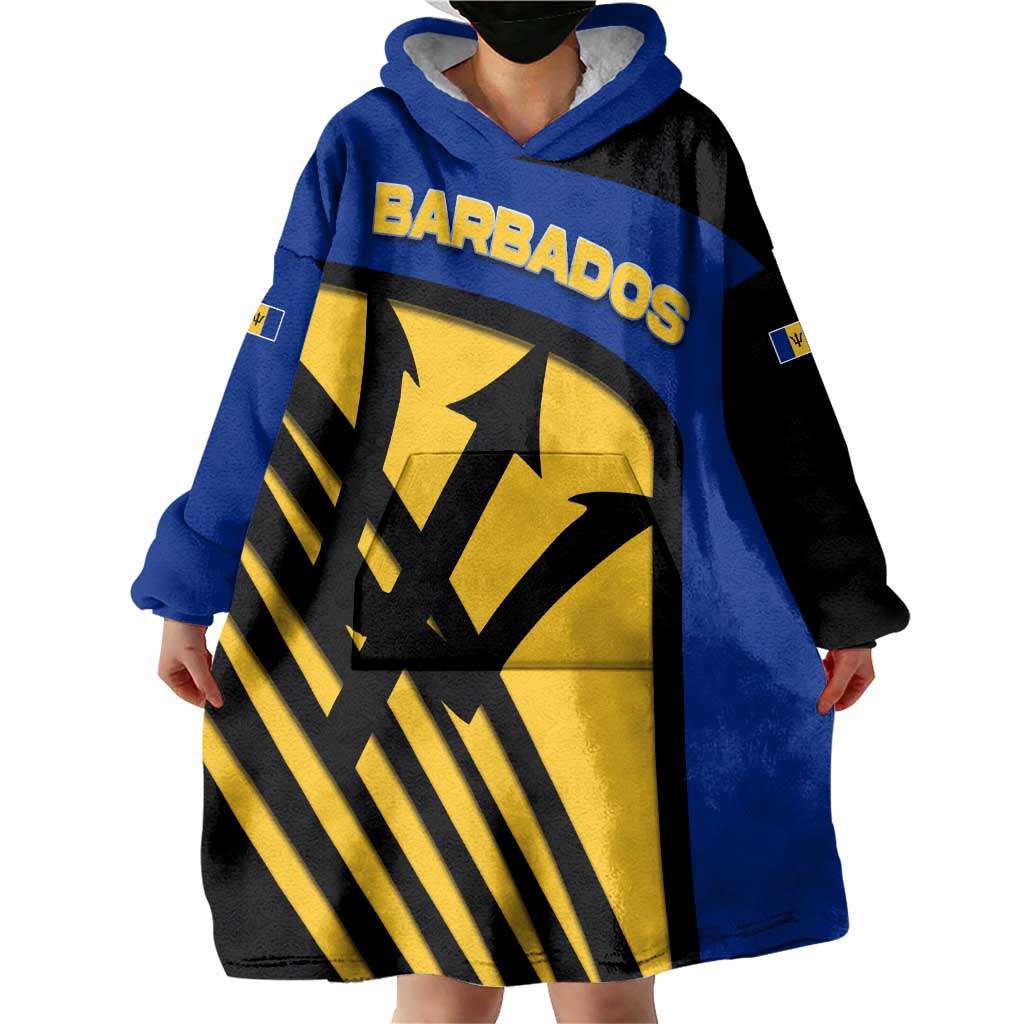 Barbados Flag and Coat of Arms Wearable Blanket Hoodie Blue Yellow Black Design with National Symbols - Wonder Print Shop