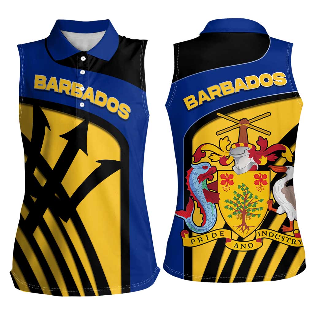 Barbados Flag and Coat of Arms Women Sleeveless Polo Shirt Blue Yellow Black Design with National Symbols - Wonder Print Shop