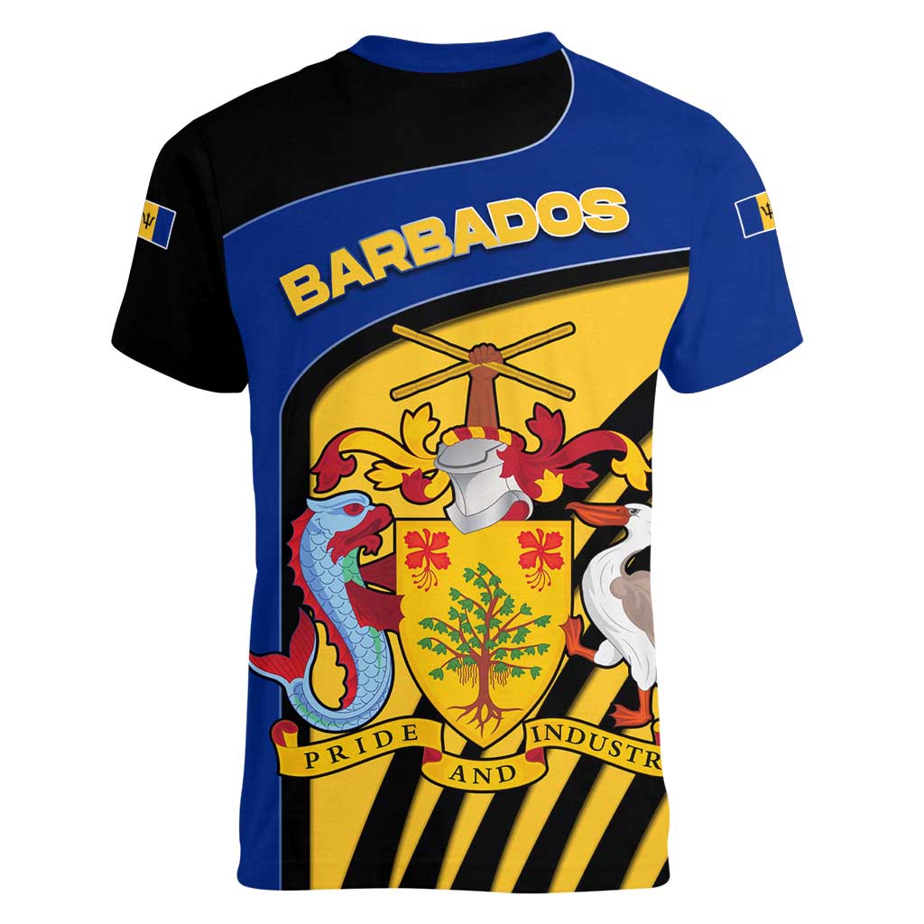 Barbados Flag and Coat of Arms Women V-Neck T-Shirt Blue Yellow Black Design with National Symbols - Wonder Print Shop