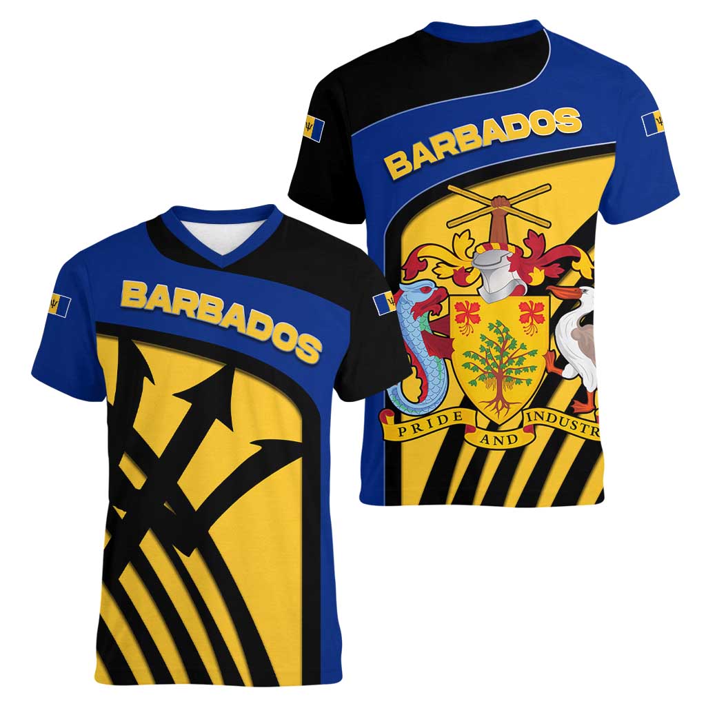 Barbados Flag and Coat of Arms Women V-Neck T-Shirt Blue Yellow Black Design with National Symbols - Wonder Print Shop