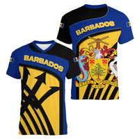 Barbados Flag and Coat of Arms Women V-Neck T-Shirt Blue Yellow Black Design with National Symbols - Wonder Print Shop