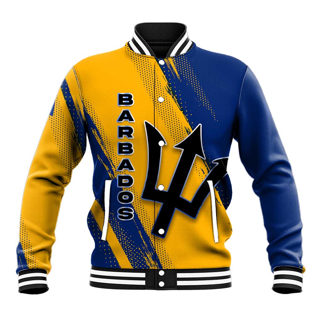 Barbados Trident and Coat of Arms Baseball Jacket with Blue Yellow Patriotic Graphic - Wonder Print Shop