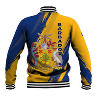 Barbados Trident and Coat of Arms Baseball Jacket with Blue Yellow Patriotic Graphic - Wonder Print Shop