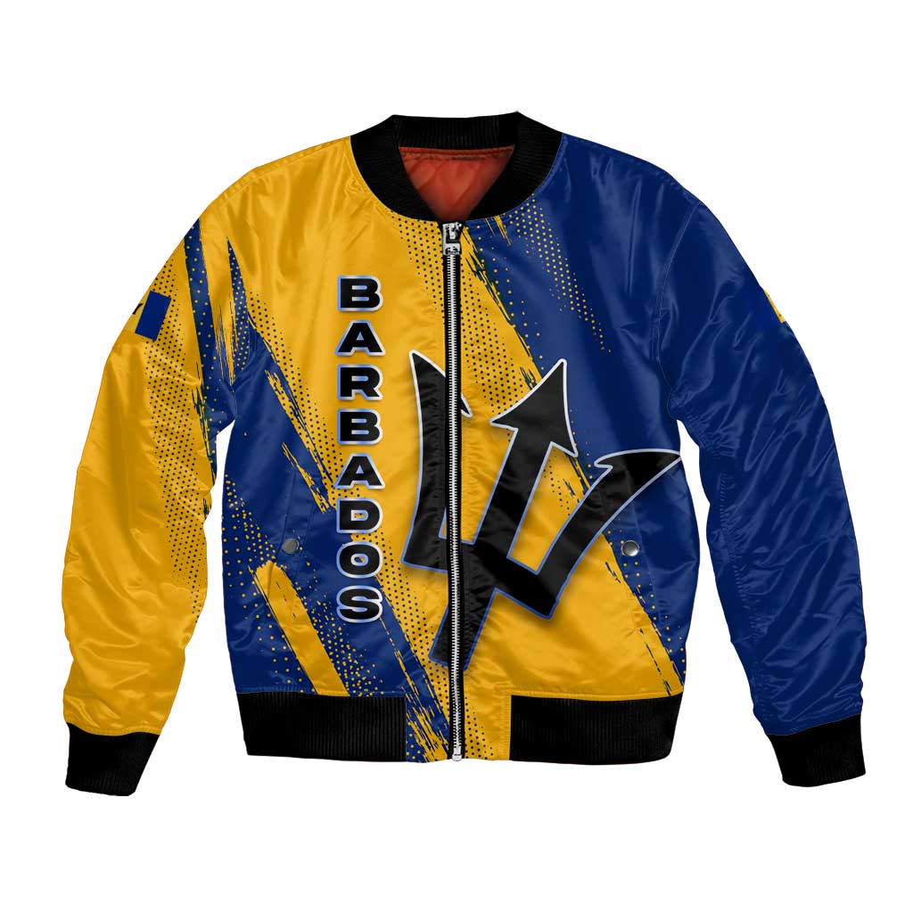 Barbados Trident and Coat of Arms Bomber Jacket with Blue Yellow Patriotic Graphic - Wonder Print Shop