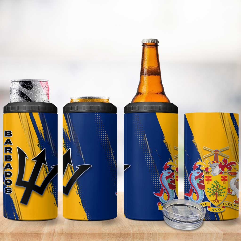 Barbados Trident and Coat of Arms 4 in 1 Can Cooler Tumbler with Blue Yellow Patriotic Graphic - Wonder Print Shop