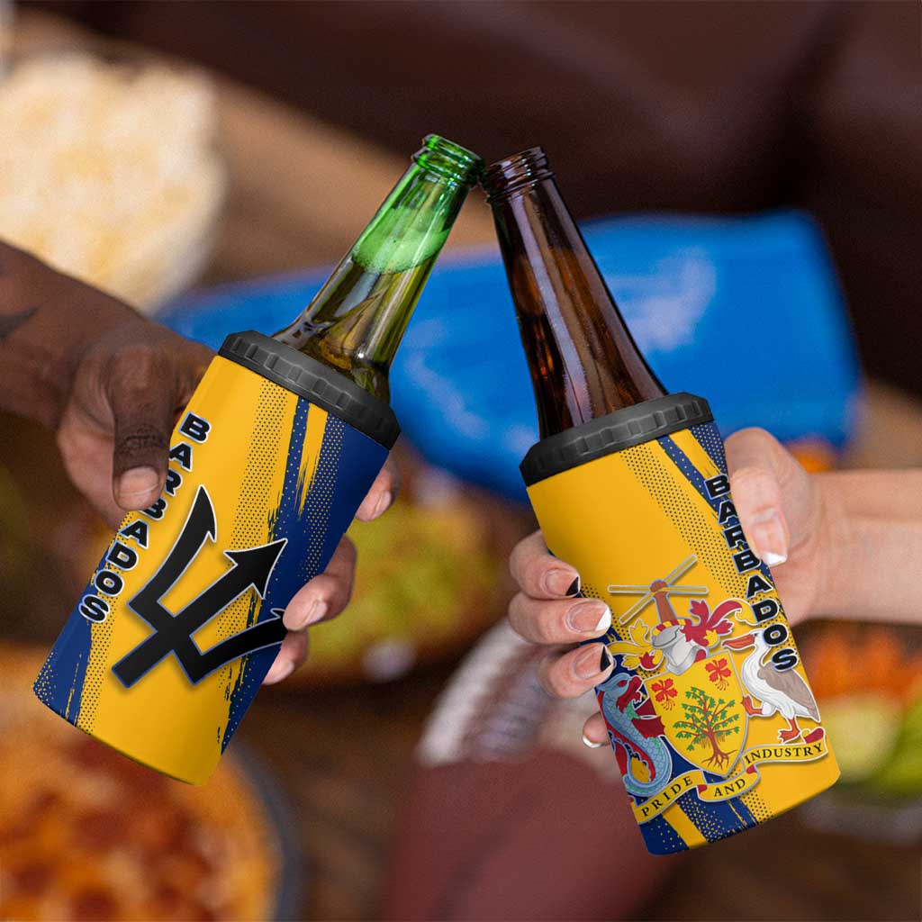 Barbados Trident and Coat of Arms 4 in 1 Can Cooler Tumbler with Blue Yellow Patriotic Graphic - Wonder Print Shop