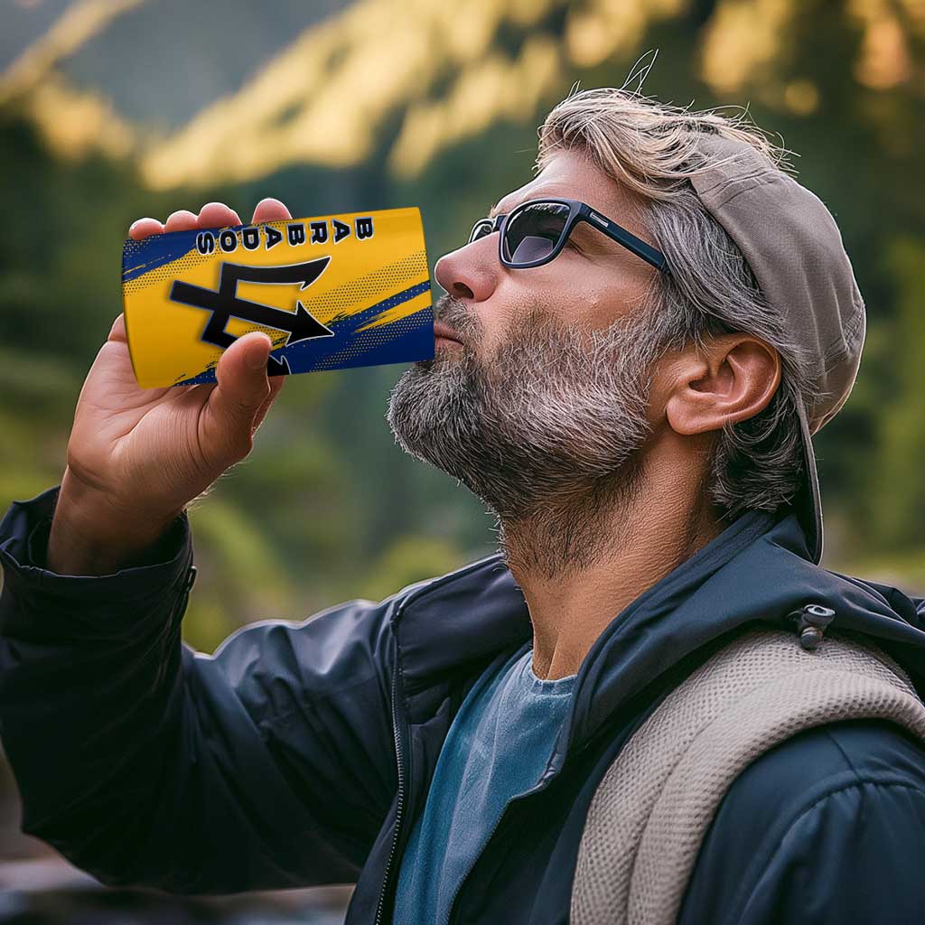 Barbados Trident and Coat of Arms 4 in 1 Can Cooler Tumbler with Blue Yellow Patriotic Graphic - Wonder Print Shop