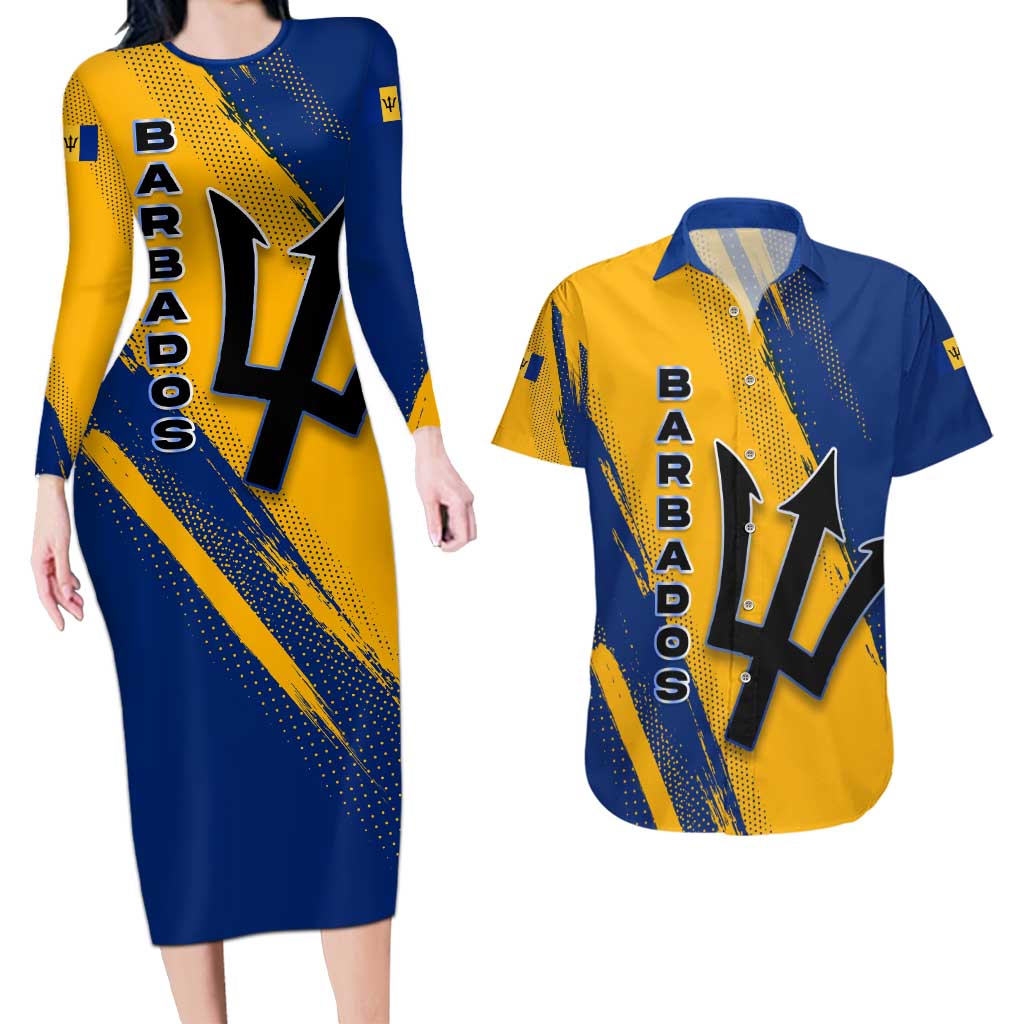 Barbados Trident and Coat of Arms Couples Matching Long Sleeve Bodycon Dress and Hawaiian Shirt with Blue Yellow Patriotic Graphic - Wonder Print Shop