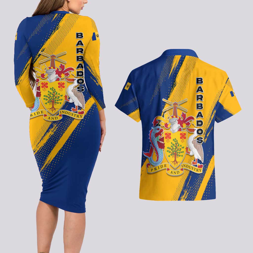 Barbados Trident and Coat of Arms Couples Matching Long Sleeve Bodycon Dress and Hawaiian Shirt with Blue Yellow Patriotic Graphic - Wonder Print Shop