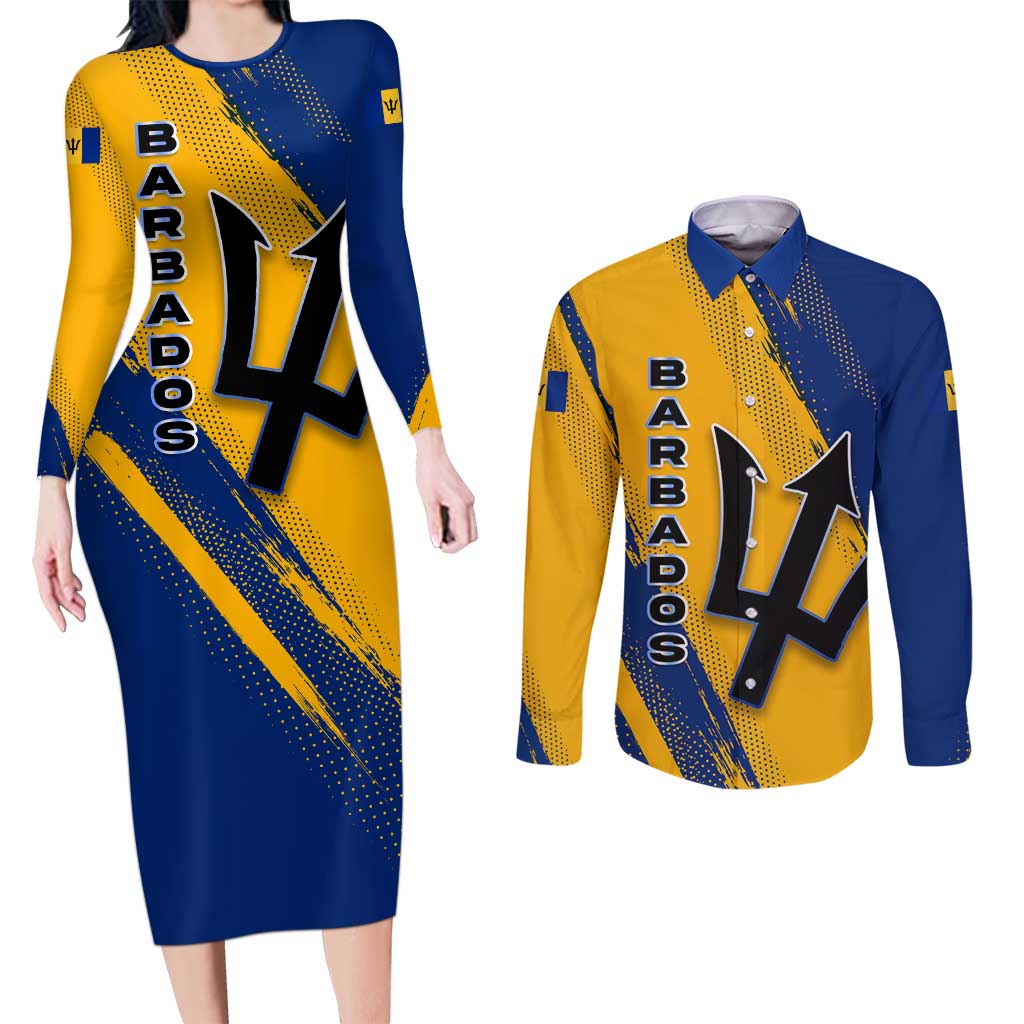 Barbados Trident and Coat of Arms Couples Matching Long Sleeve Bodycon Dress and Long Sleeve Button Shirt with Blue Yellow Patriotic Graphic - Wonder Print Shop