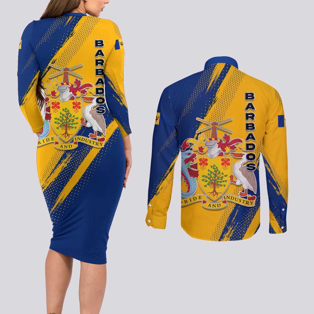 Barbados Trident and Coat of Arms Couples Matching Long Sleeve Bodycon Dress and Long Sleeve Button Shirt with Blue Yellow Patriotic Graphic - Wonder Print Shop